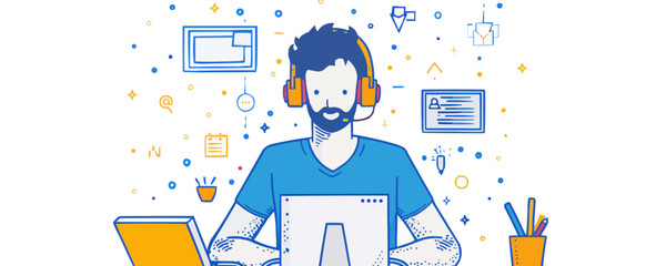 Vector design of a focused programmer at work with headphones.