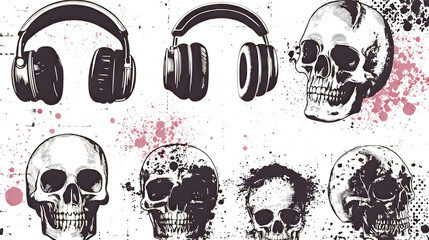 Aufkleber - Skull Headphones with Grunge Splash and Textured Abstract Background