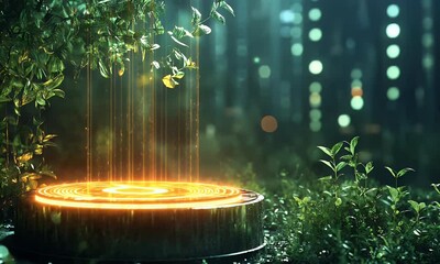 Poster - Glowing disc in mystical forest night; fantasy background