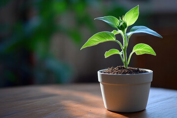 Wall Mural - Small plant in white pot on modern wooden shelf against white wall. Sunny room with minimalistic decor.