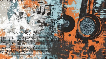 Poster - Vibrant Grungy Abstract Art with Musical Elements and Distressed Textures