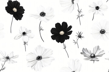 Poster - Monochrome Cosmos Pattern: Elegant black and white cosmos flowers in a repeating pattern, perfect for textile design, wallpaper, or surface design.
