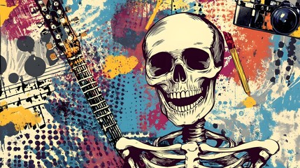 Poster - Vibrant Skull and Guitar in Grunge Abstract Art Style