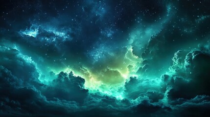 black, blue, green, and teal night sky adorned with clouds, symbolizing stormy weather with wind and