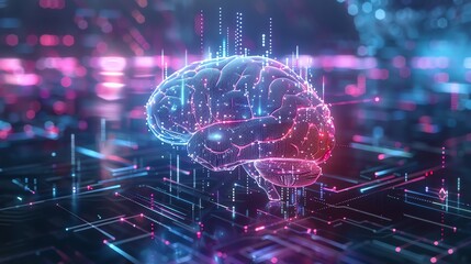 Poster - A 3D digital rendering of a human brain, composed of glowing lines and points.