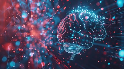 Poster - A digital rendering of a human brain with glowing blue and red lines.