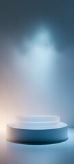 Fototapete - A podium made of smooth, frosted glass, placed on a polished white surface with soft ambient light from the ceiling