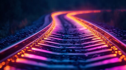 Sticker - Vibrant pink and orange light illuminates curving railway tracks at night. AI Generated