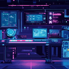 Poster - Futuristic control room vector with neon technology interface.