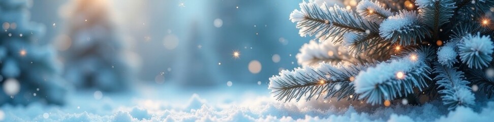 Wall Mural - Sparkling snowflakes fall on a fluffy white Christmas tree, frosty, fluff, peaceful