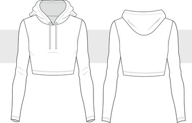 Wall Mural - Women fitted cropped hoodie technical fashion illustration drawing. Long Sleeve Hoodie Pullover T-shirt vector template illustration. front and back view. CAD, mockup set.