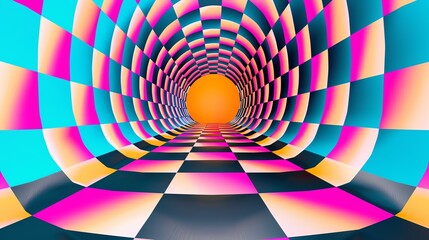 Poster - A psychedelic checkered tunnel with a glowing orange light at the end.