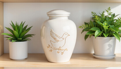 Wall Mural - Urn with bird design on shelf with potted plants