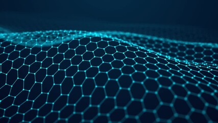 Abstract hexagon wave. Digital network. Connection of particles and lines in hexagon shape. Data. Technology background. 3d rendering. Seamless loop.