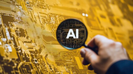 Poster - Businessman holding magnifying glass showing ai sign on yellow background with printed circuit board tracks