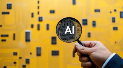 Poster - Businessman holding magnifying glass showing ai sign on yellow background with printed circuit board tracks