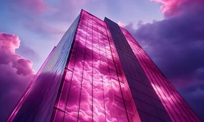 Poster - Pink clouds reflected on skyscraper at dusk, urban landscape, city backdrop