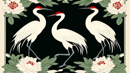 Naklejka na meble Elegant Cranes and Blooming Peonies Asian Art Design