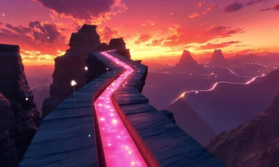 Poster - Pink glowing path on mountaintop at sunset, futuristic city below; fantasy landscape for video game