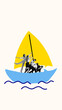© master1305 - Business team working together on yellow and blue sailboat, symbolizing collaboration and progress towards common goal. Conceptual art collage. Concept of teamwork, communication, business
