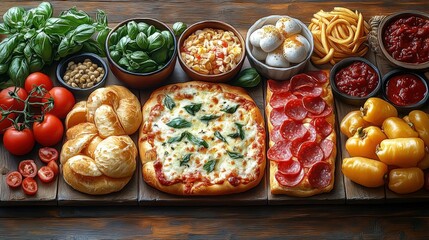 Canvas Print - A vibrant spread of Italian food featuring pizza, pasta, and fresh ingredients on a wooden table