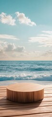Wall Mural - a podium with a polished wooden surface, set against a serene beach with gentle waves rolling in the