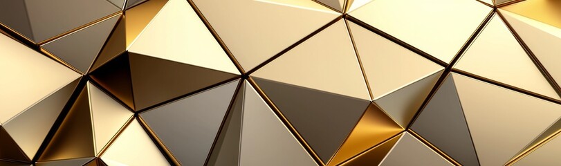 Poster - 3d render, abstract gold crystal background, faceted texture, macro panorama, wide panoramic polygonal wallpaper