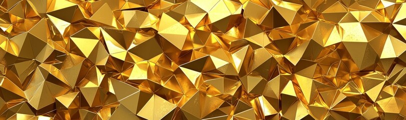 Poster - Abstract gold crystal background, 3d render, macro panorama, faceted texture, wide panoramic polygonal wallpaper