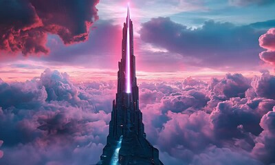 Poster - Pink sunset, futuristic tower, cloudscape, fantasy setting; ideal for sci-fi, game design