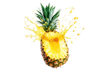 Wall Mural - Pineapple slice with splashing yellow juice and green leaves isolated on white or transparent, PNG