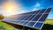 © chusnul - Solar panels absorbing sunlight in a green field with wind turbines and a bright blue sky
