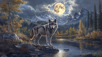 Fototapete - Graceful wolf illuminated beneath glowing moonlight surrounded by peaceful and enchanting forest foliage