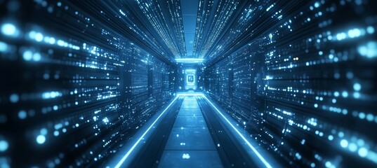 Fototapete - Server data center room corridor with speed burst motion effect. Hardware computing infrastructure system. Generative AI technology.	
