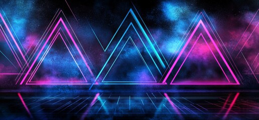 Poster - A sleek, modern, futuristic sci-fi grunge concrete reflective tunnel corridor adorned with neon glowing rectangle shapes against a purple, blue, pink, and red background