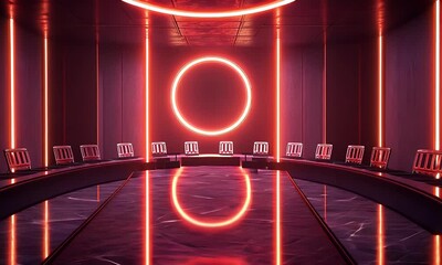Aufkleber - Red-lit futuristic conference room, circular table, dark background, for presentation