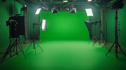 Poster - Green screen studio with uniform green backdrop and soft lighting, ideal for photoshoots or film work