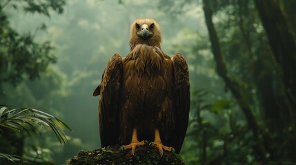 Poster - A striking griffon vulture with sharp features perches on a mossy stone amidst a vibrant green forest. The morning light filters through the trees, highlighting its majestic presence and fierce gaze