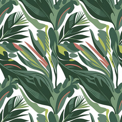 Wall Mural - Lush Green and White Tropical Leaves Seamless Pattern on Light Background
