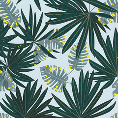 Wall Mural - Seamless Tropical Leaves Pattern on Light Blue Background for Fabric and Wallpaper