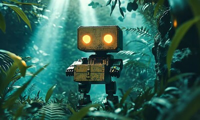Poster - Rusty robot exploring lush jungle; sunlight filters through canopy
