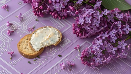 Poster - Lilac Abstract Chip Background: Microcircuit & Flowers - Futuristic Nature Tech Stock Photo