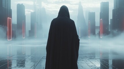 Aufkleber - A hooded figure stands before a landscape of towering, illuminated structures, enveloped in swirling mist. The atmosphere pulsates with an ethereal glow as dusk settles in