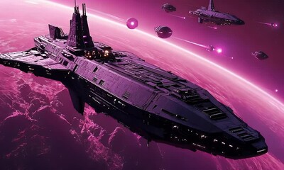 Poster - Spaceship fleet orbiting pink planet, cosmic battle