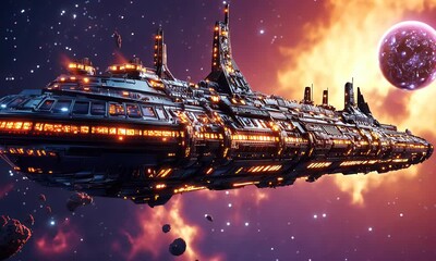 Poster - Spaceship exploring nebula, cosmic background, science fiction