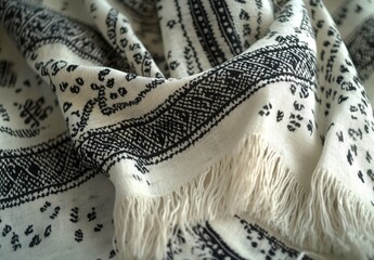 Poster - Detailed Black and White Patterned Fabric with Fringed Edges