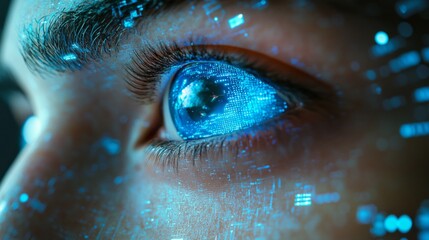 Poster - A humanoid robot with a luminous digital eye is deeply analyzing complex information in a sleek, futuristic setting. The atmosphere buzzes with advanced technology and innovation