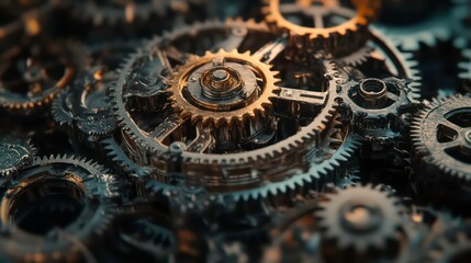 Poster - Close-up of metal gears, intricately connected to represent teamwork and machinery. The image should emphasize the precision and detail of the gears.