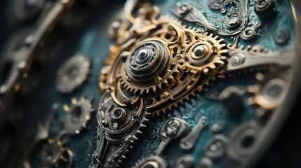Poster - Close-up of metal gears, intricately connected to represent teamwork and machinery. The image should emphasize the precision and detail of the gears.