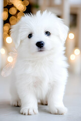 A fluffy white puppy sits cutely with sparkling lights in the background, exuding charm and playfulness.