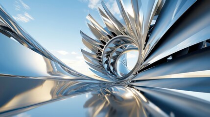 Aufkleber - Close-up view of a modern airplane jet engine turbine with detailed metal blades and reflections, parked on a runway under a bright blue sky.